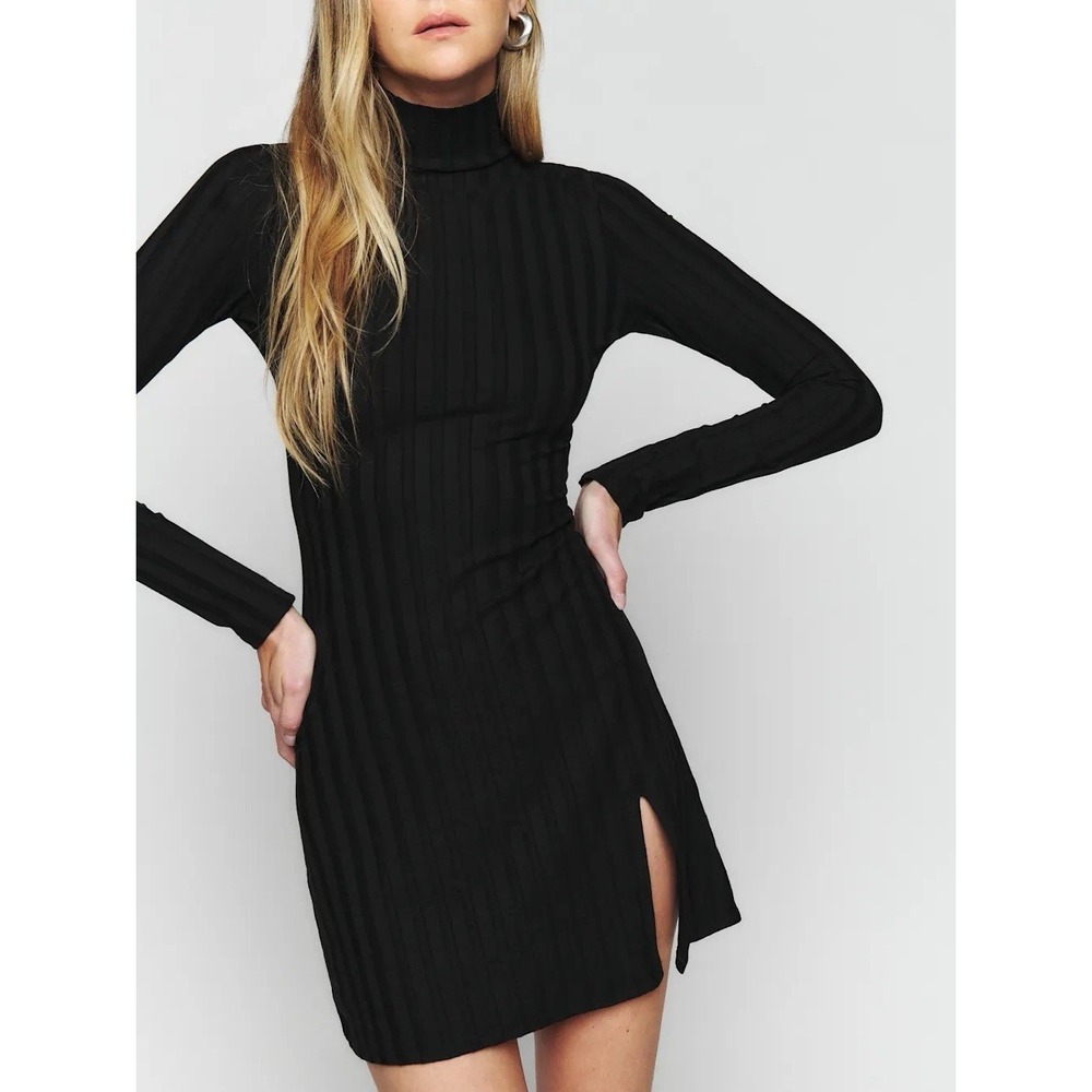 Reformation Libra Knit Dress Sz L Stretchy Wide Rib Turtleneck Side Slit $128